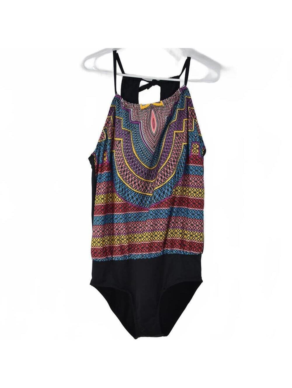 Cleanwater Geo Print High Neck Colorful One Piece Swimsuit Size Large